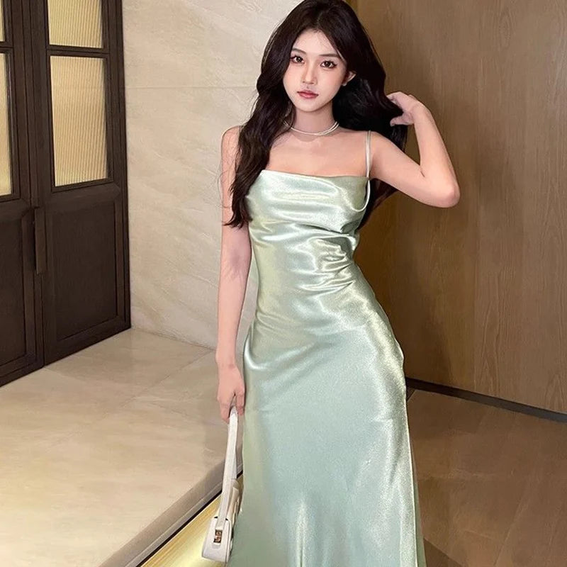 Woman Summer Pleated Sleeveless Midi Dresses 2025 Fashion Silk Satin Long Dress Women Spaghetti Strap Dress Party Banquet Dress